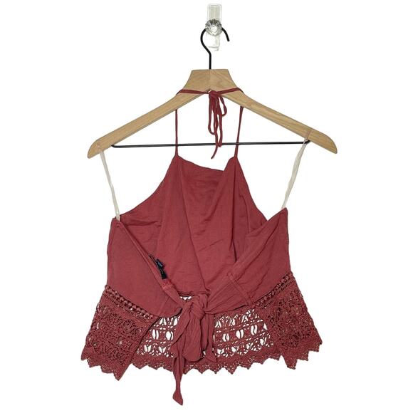 American Eagle Halter Crop Top Women's Size Small Rust Red Tie Back Crochet - Picture 2 of 8